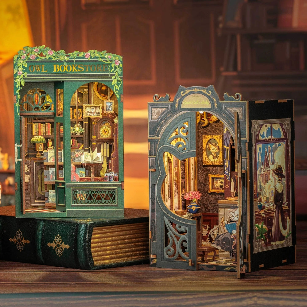 DIY Book Nook Kit Miniature Dollhouse with Light Wooden Bookshelf_1