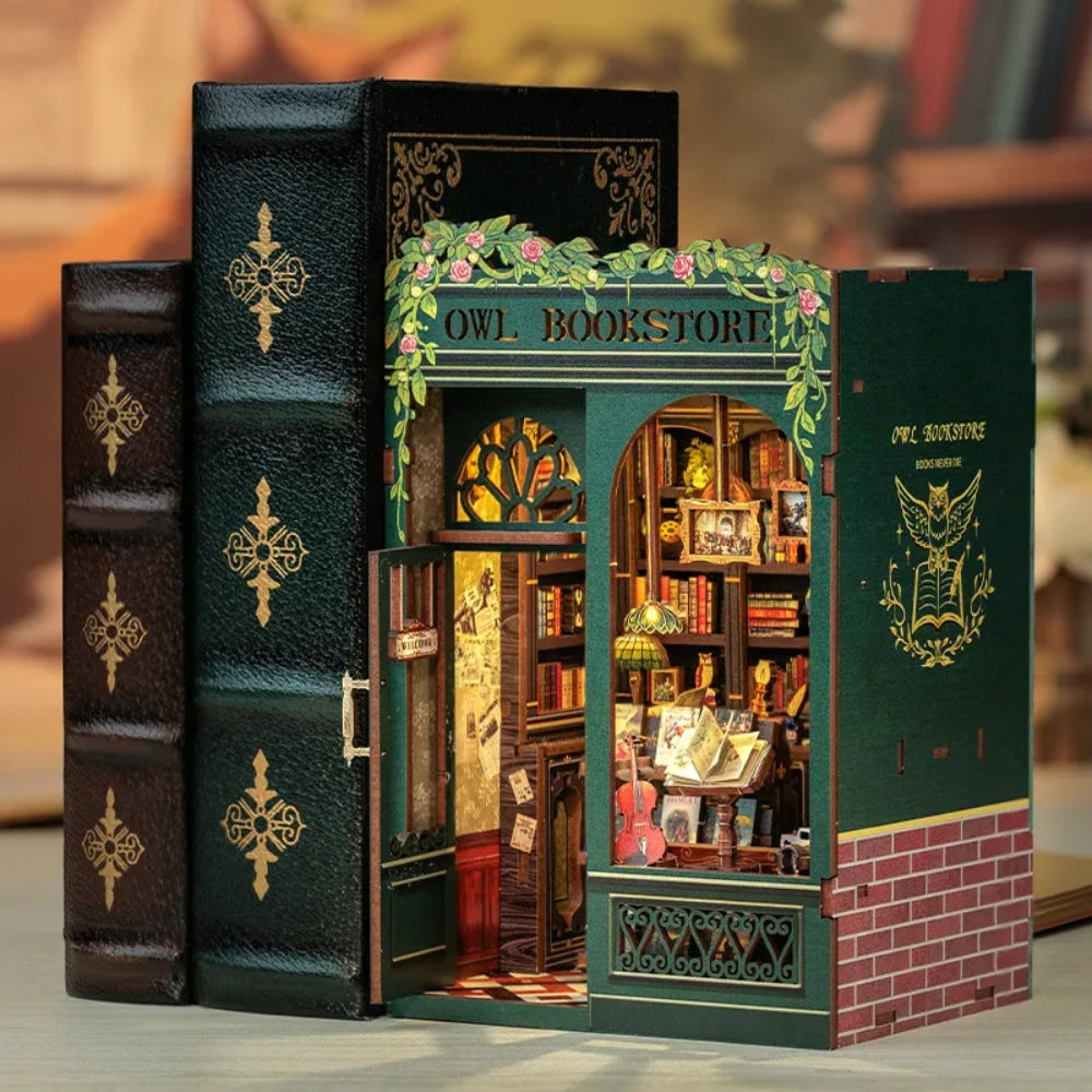 DIY Book Nook Kit Miniature Dollhouse with Light Wooden Bookshelf_2