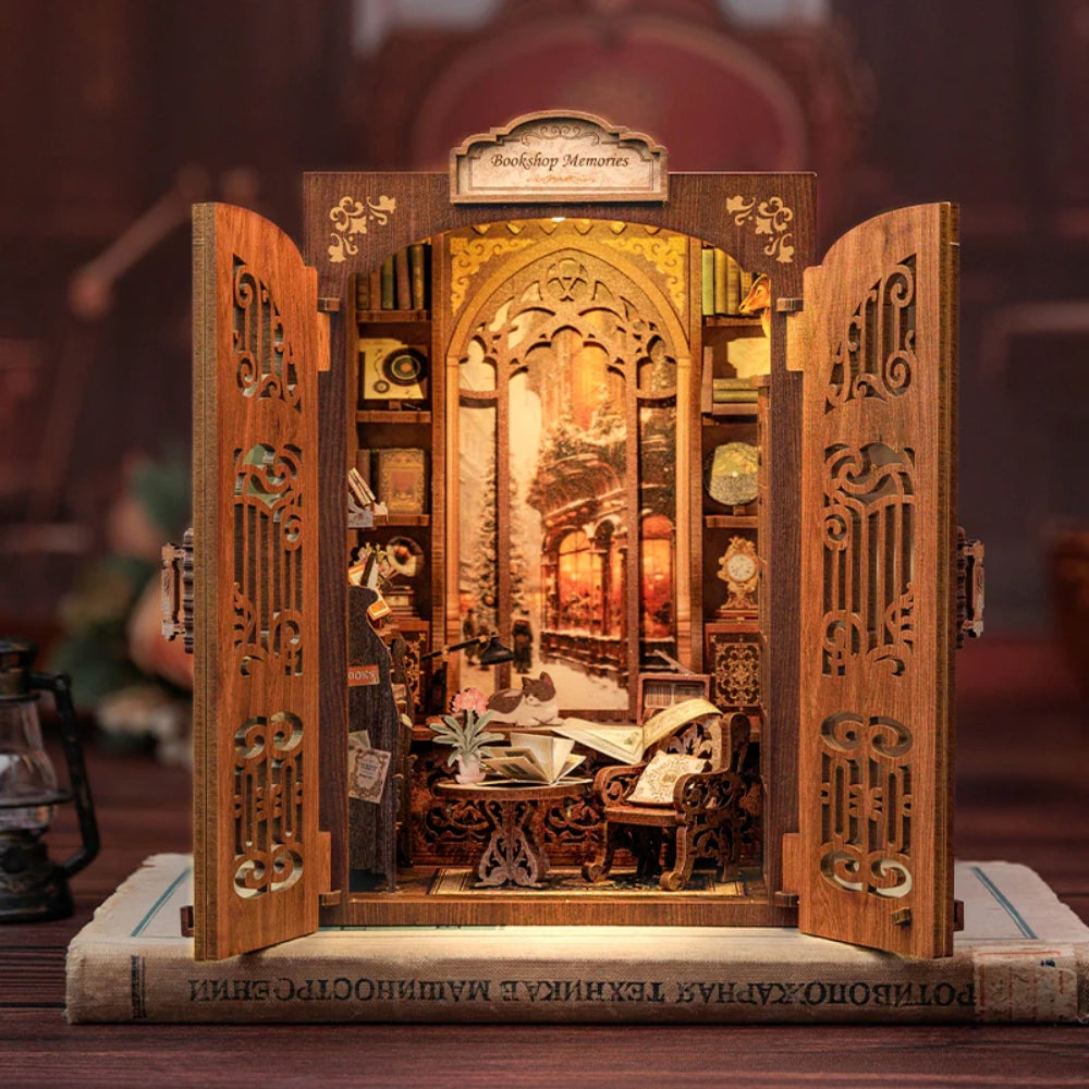 DIY Book Nook Kit Miniature Dollhouse with Light Wooden Bookshelf_3