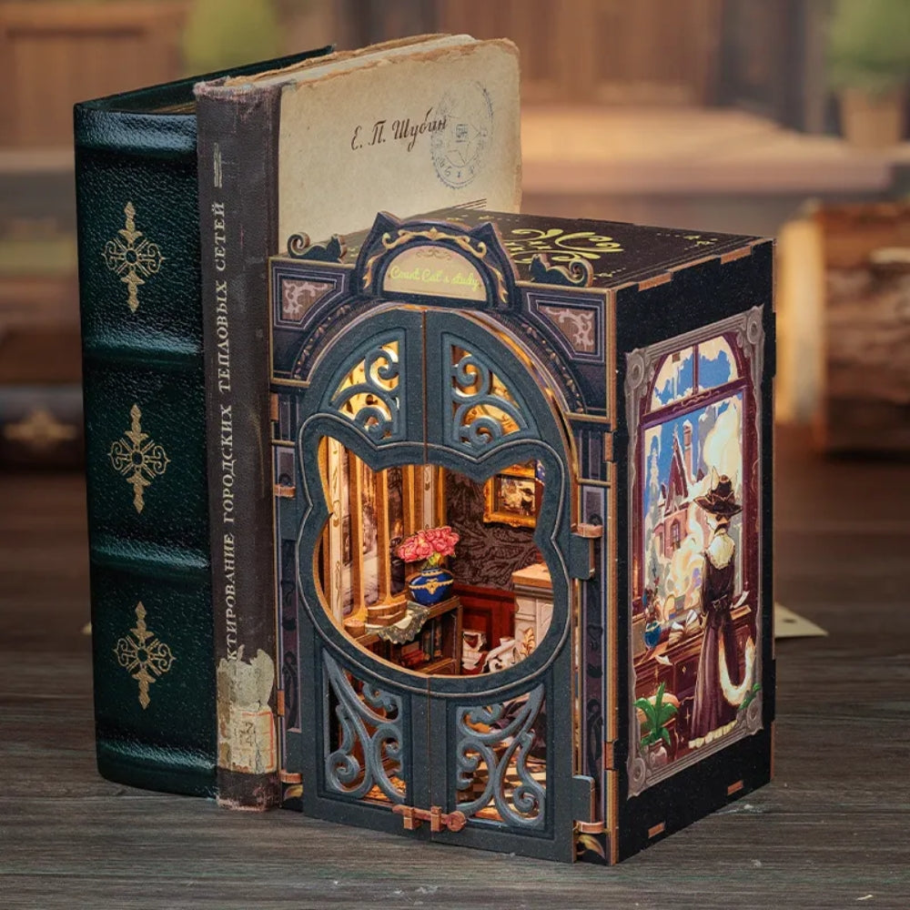 DIY Book Nook Kit Miniature Dollhouse with Light Wooden Bookshelf_4