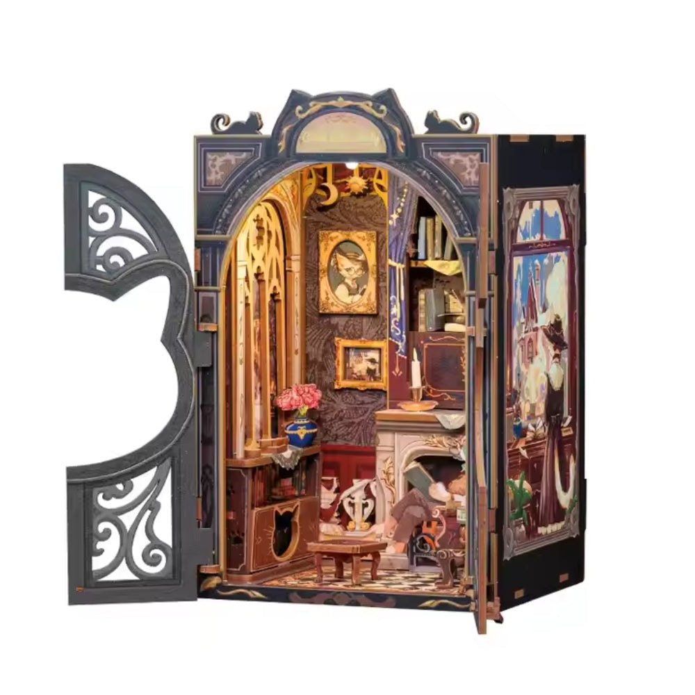 DIY Book Nook Kit Miniature Dollhouse with Light Wooden Bookshelf_7