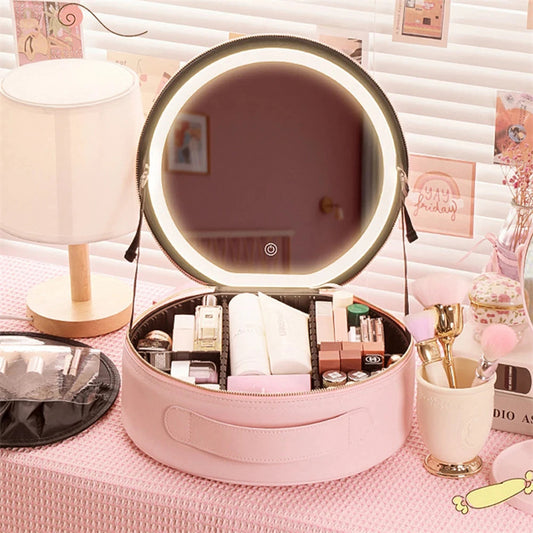Round Smart LED Makeup Bag With Mirror Lights Stationery in order